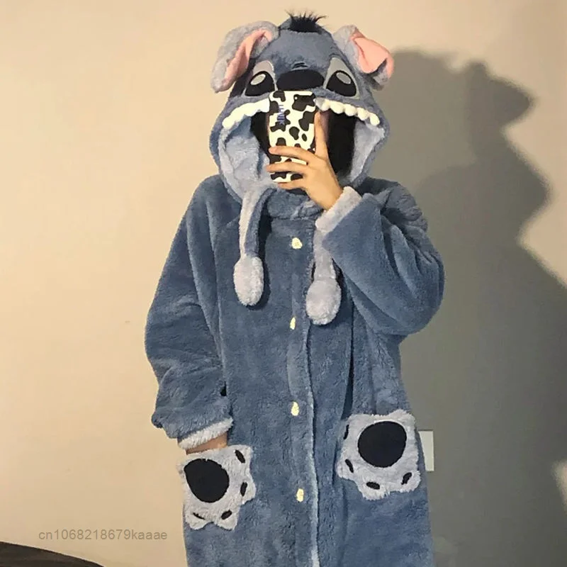 Disney Cute Stitch Home Clothes Women Men Plush Soft Nightgown Robes Y2k Cute Thick Pajamas Long Coat Cartoon Flannel Bathrobe images - 6