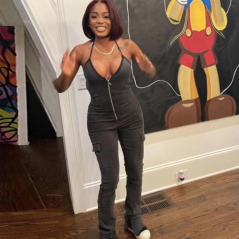 

2022 Autumn New Fashion Street Hipster Sexy Lace Halter Neckless Backless Personality Hot Girl Zipper Jumpsuit Women