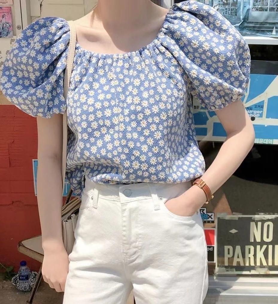 

Chic Sweet Aging Ins Daisy Off Shoulder Bubble Sleeve Shirt Girl Kawaii Clothes Vintage Shirts Elegant Blouse