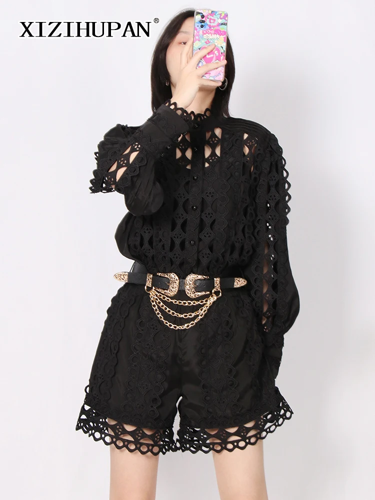 

XIZIHUPAN Vintage Solid Two Piece Suit Female Stand Collar Long Sleeve Tops High Waist Loose Shorts Cut Out Suit Female 2022 New