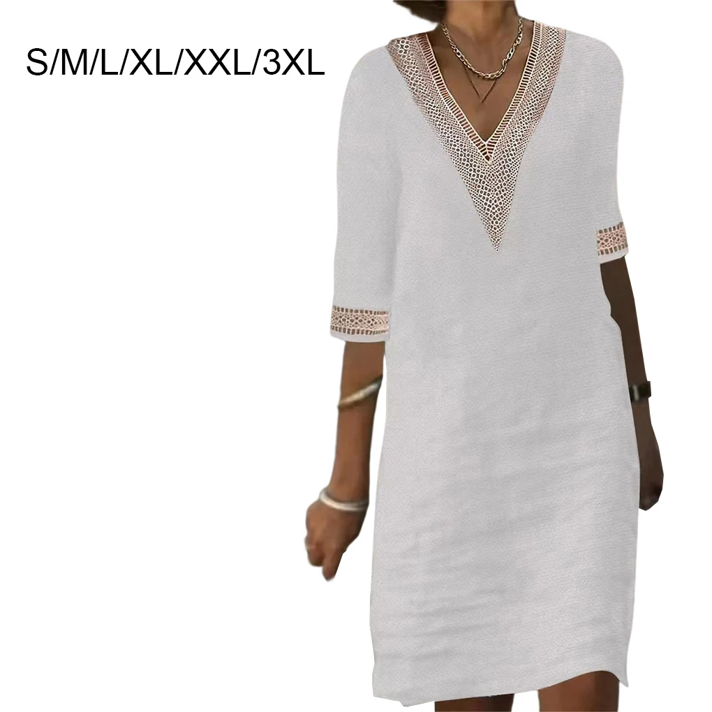 

Платье летнее с вырезами, Мини платья с V-образным вырезом, свободная хлопковая одежда, однотонное платье с рукавом средней длины для женского пляжа, делового стиля L