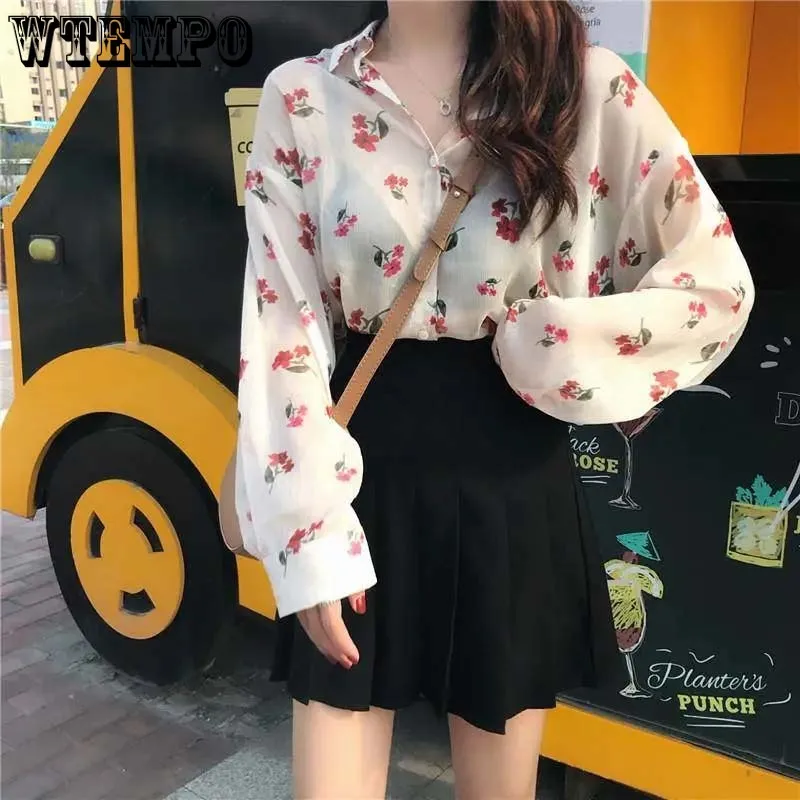 Floral Chiffon Shirt Women's Sweet Long Sleeves Printed Blouses Spring Summer Sun Protective All Match Shirts Loose Outerwear