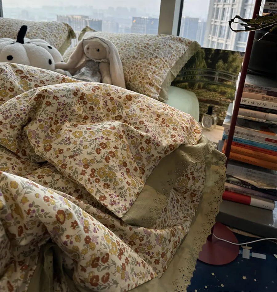 Фото Романтический Сказочный кружевной Цветочный зеленый комплект, двойной полный Королевский Милый хлопковый домашний текстиль, простыня, подушка, пододеяльник №3