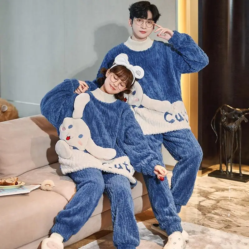 

Kawaii Sanrio Plush Pajamas Cinnamoroll Cute Couple Pajamas Two-Piece Set of Thick Thermal Nightgown Autumn Winter Homewear Set