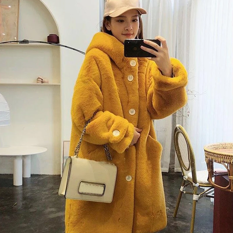 hooded  Faux Fur Coat Women Casual Korean Loose Hoodies Furry Thick Bat Sleeved Warm Long Faux Rabbit Fur Jacket Winter Coat