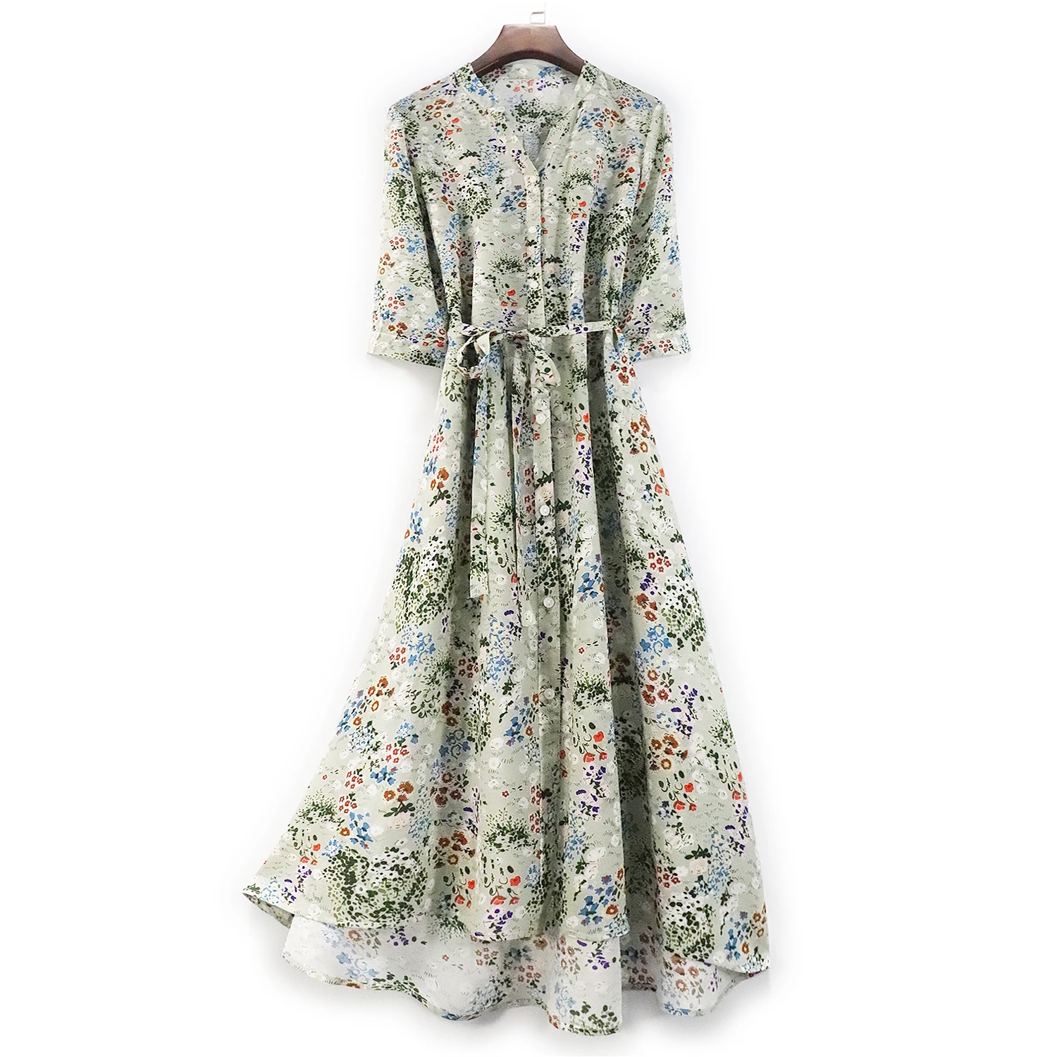 

Light Green French Field Broken Mulberry Silk Dress V-neck 2022 Women's Fashion Summer Dress Shirt Dress