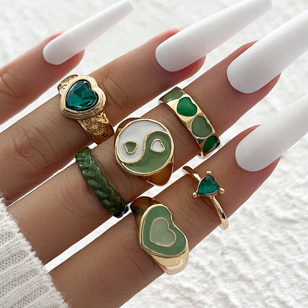 

6 Pieces/Set Fashion Retro Yin And Yang Gossip Dripping Oil Love Green Rhinestone Knuckle Ring Female Ring Summer Jewelry Gift
