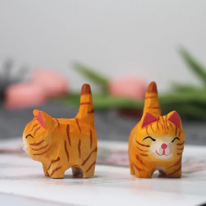 Cute Cat Panda Handmade Wood Carving Kitten Ornaments Small Animal Creative Home Desktop Decoration Crafts Figurines Miniatures