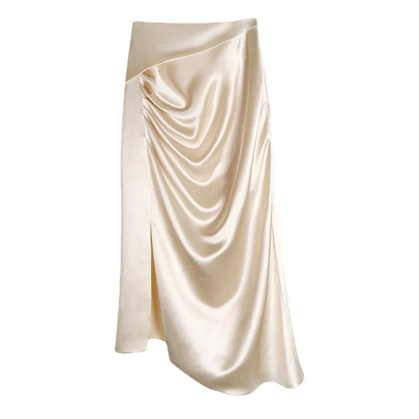 Elegant Silky Smooth Acetate Silk Satin Skirt Asymmetrical Side Slit Slim Fit Hip Skirt Woman