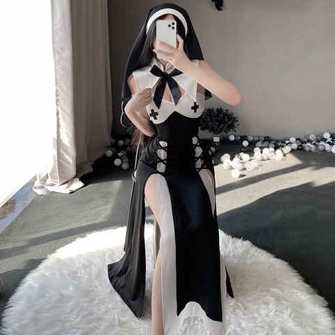 Женское сексуальное нижнее белье кавайное платье головной убор Хэллоуин черная ажурная страстная Униформа аниме монахиня ролевая игра Горничная косплей костюм