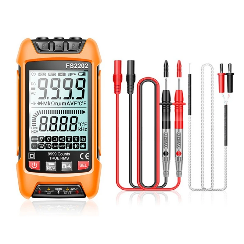 

FS2202 Auto Range Digital Multimeter 9999 Counts TRMS AC DC Voltmeter Amp NCV Resistance Capacitance Transistor Tester