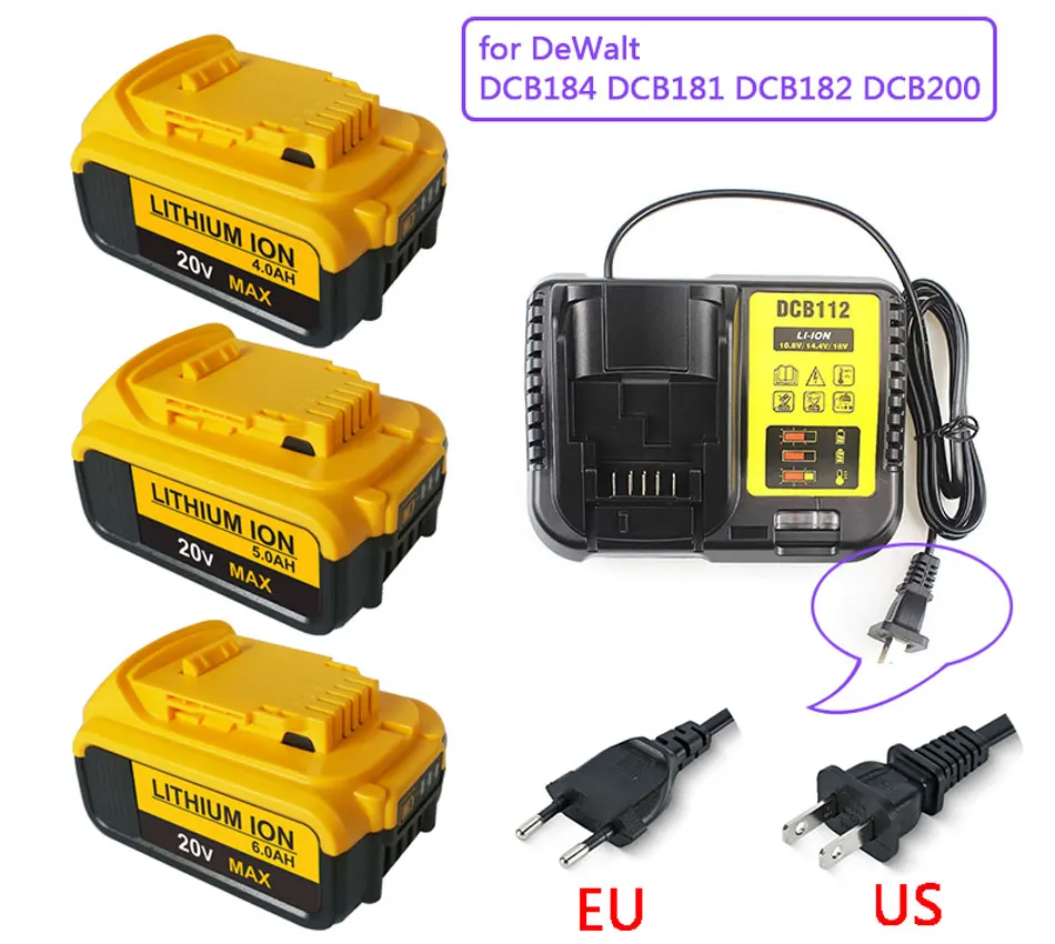 

New 18V 6.0Ah MAX XR 18650 Battery Power Tool Replacement for DeWalt DCB184 DCB181 DCB182 DCB200 20V 6A 18v Battery with Charger