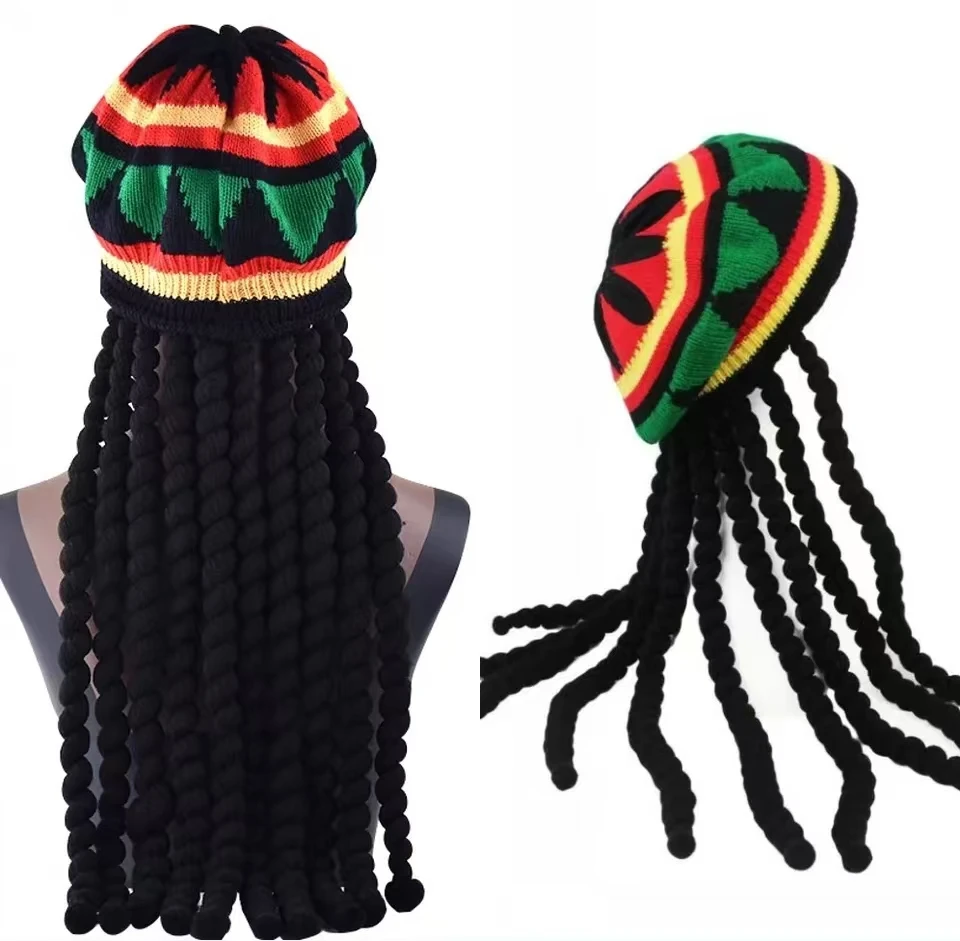 New Unisex Knitted Braid Hat Jamaican Bob Rasta Beanie Hats Hip Hop Cap Dreadlocks Wig Marley Caribbean Fancy Dress