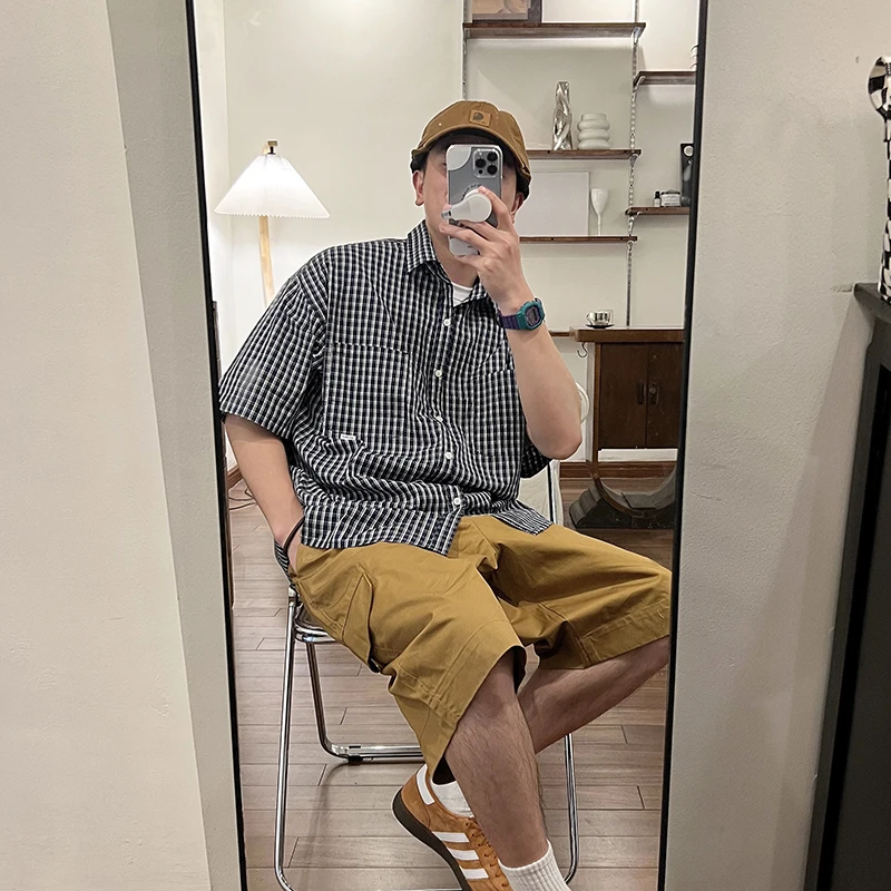 

Рубашка мужская клетчатая с отложным воротником, модная винтажная Повседневная блузка свободного покроя с короткими рукавами, в японском и...