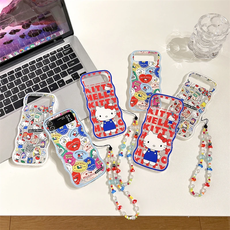

Sanrio Hello Kitty cute pink with bracelet Phone Case for Samsung Galaxy Z Flip 4 3 Hard PC Back Cover for Z Flip 5 Case Case