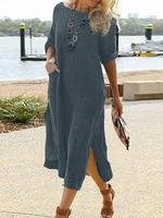 breathable cover ups vintagepocket long sleeve loose slit beach dresses 2022 harajuku women solid cotton linen sundresscasual