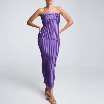 Ladies Pleated Maxi Skirt Set Sleeveless Women Strapless Top Long Skirt Off Shoulder Elegant Style Backless Vacation Suit 1