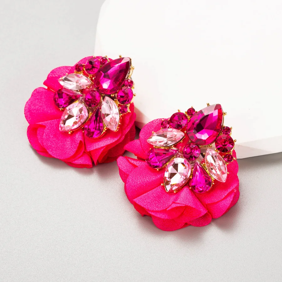 

Boho Fuchsia Rhinestone Cloth Floral Stud Earrings Jewelry for Party Elegant Statement Earrings Women's