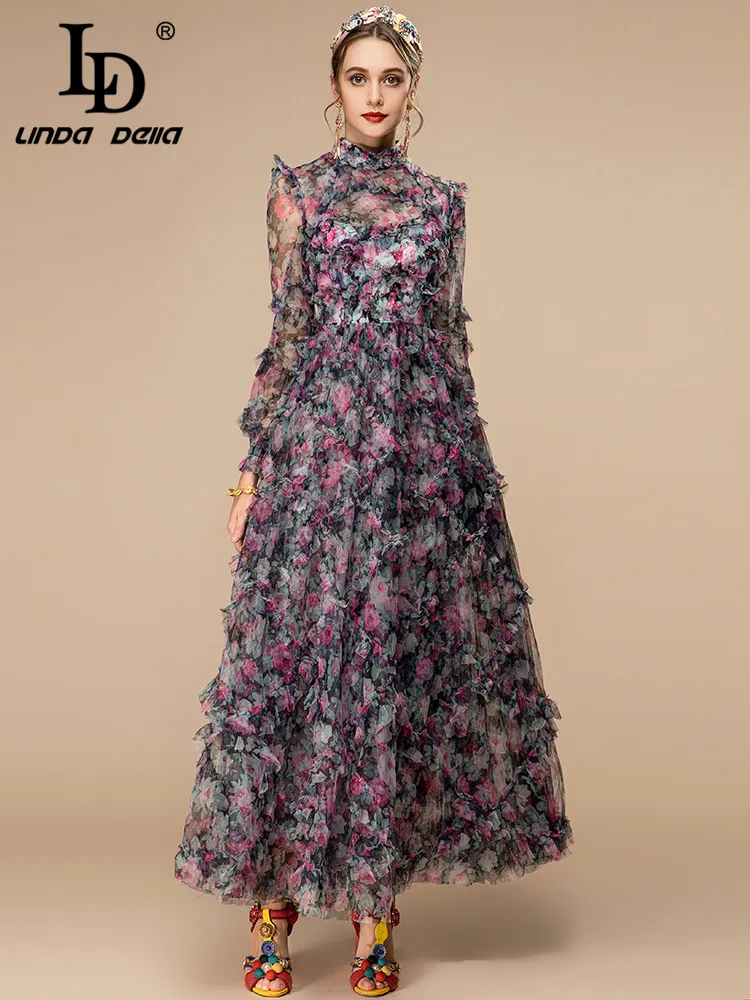 LD LINDA DELLA Fashion Runway Spring Dress Women's Stand collar Floral print Ruffles Mesh Vintage Long Vacation Party Dresses