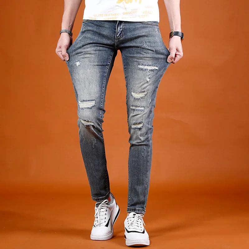 Ripped Jeans Men Summer Lightweight Slim Fit Pants 2022 New Streetwear Casual Vintage Blue Denim Trousers