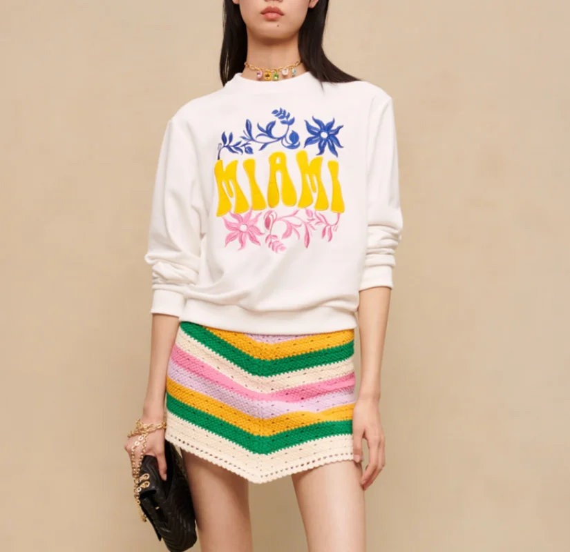 Round Neck Embroidery Knitted Pullover Women's New Color Contrast Letter Patch Long-sleeved Sweater for Spring and Summer 2023