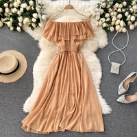 double layer ruffled one word collar strapless waist waist thin elegant chiffon holiday skirt womens summer sweet dress