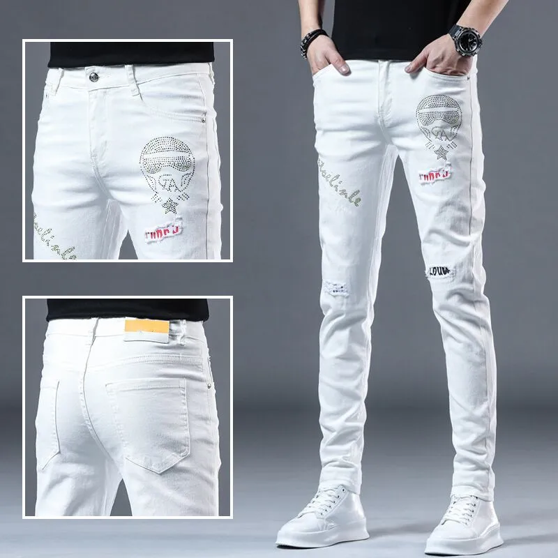 

Брюки-Карандаш мужские из денима, повседневные узкие брюки в стиле панк/хип-хоп, модные роскошные брюки из денима с эффектом потертости, в Корейском стиле, весна-лето