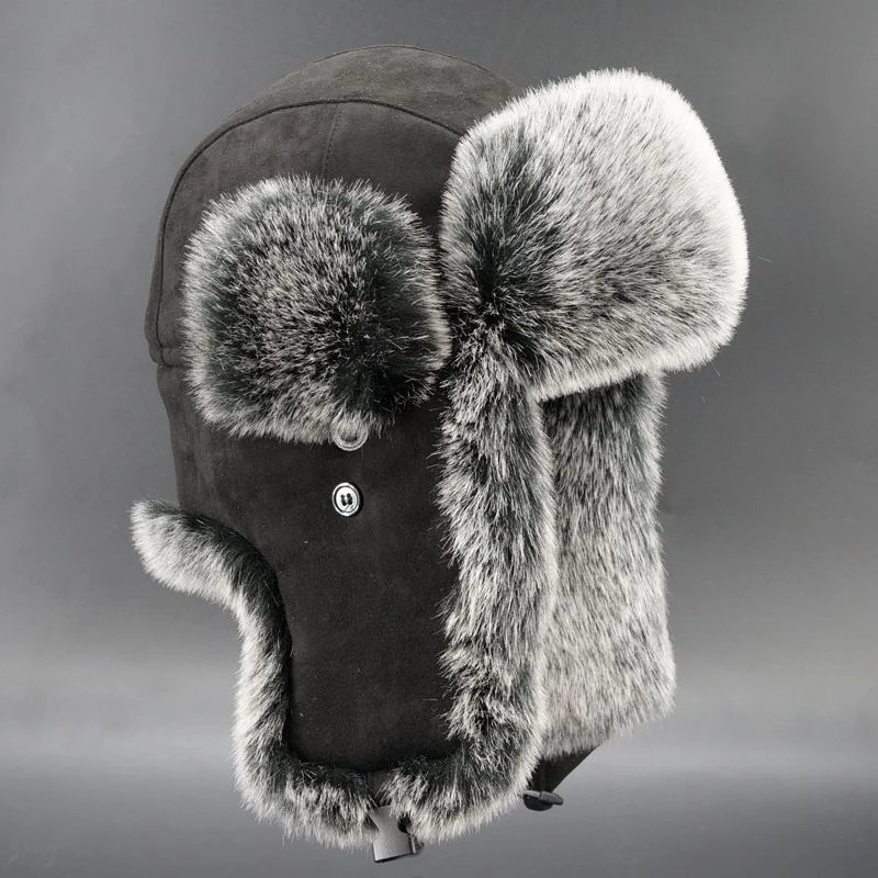 

Vintage Suede Bomber Hats Winter Men's Trapper Hat Faux Fox Fur Russia Ushanka Army Aviator Earflap Snow Ski Cap Black