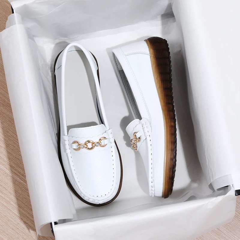 2023 New Fashion Women Genuine Leather Loafers Woman Flats Soft Casual Shoes Luxury Female Slip-on Boat Walking Shoes Moccasins