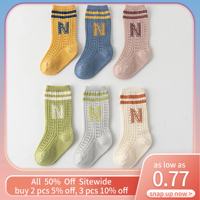 

N Letter Baby Long Socks Summer Mesh Infant Anti-mosquito Sock Fashion Stripe Toddler Sokken Cotton Breathable Newborn Stockings