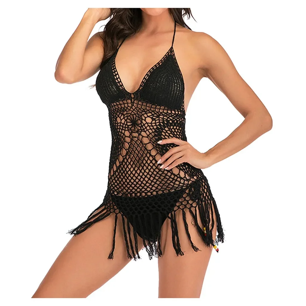 

Женский сексуальный комплект бикини из двух предметов, однотонный вязаный купальник с открытой спиной, пляжная одежда, открытый купальник ...