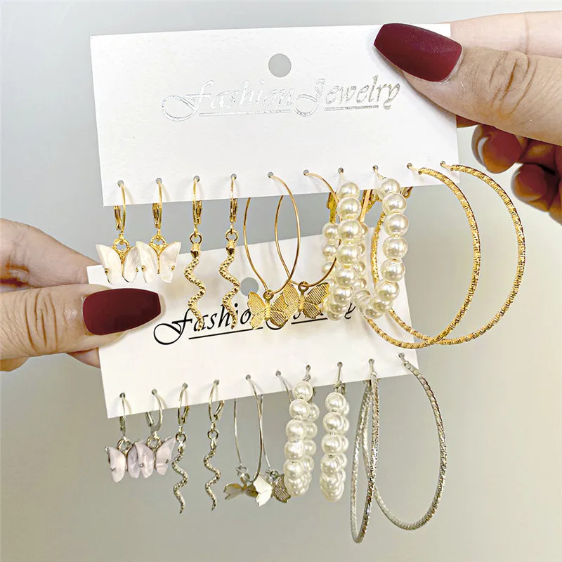 

Kotik Trendy Gold Color Butterfly Earrings Set For Women Snake Pearl Resin Drop Earrings Brincos Party Jewelry Gifts