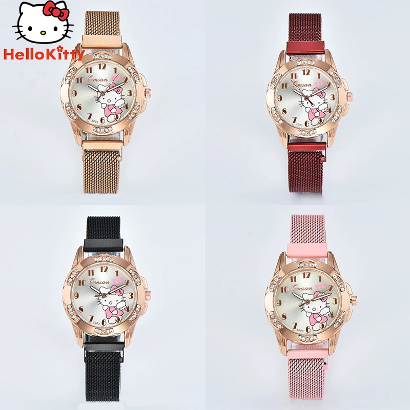 

Часы Hello Kittys Sanrio аниме Kawaii Модные Простые Алмазные Магнитные Стильные кварцевые часы с пряжкой Рождественский подарок