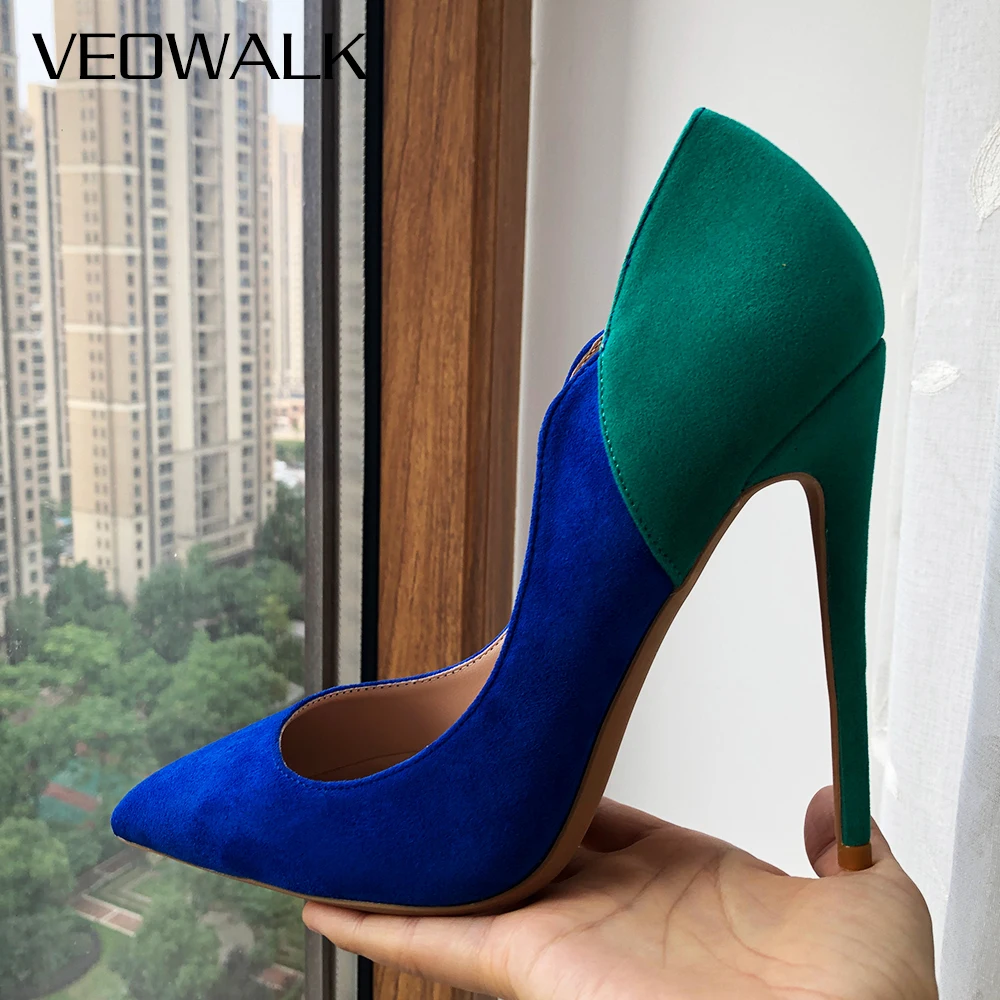 

Veowalk Blue Suede Women Curl Cut Pointy Toe High Heel Shoes Elegant Ladies Comfortable Slip on Stiletto Pumps 12cm 10cm 8cm