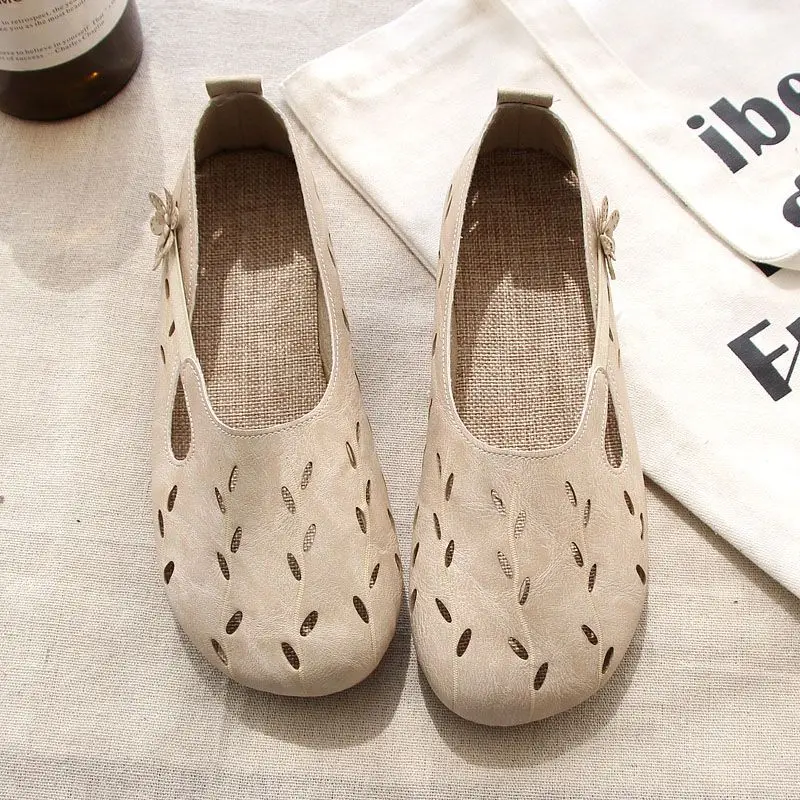 Casual Elegant Ladies Shoes 2023 Designer Hollow Ballet Flats Women's Soft Leather Loafers Woman Slip On Moccasins With Flower