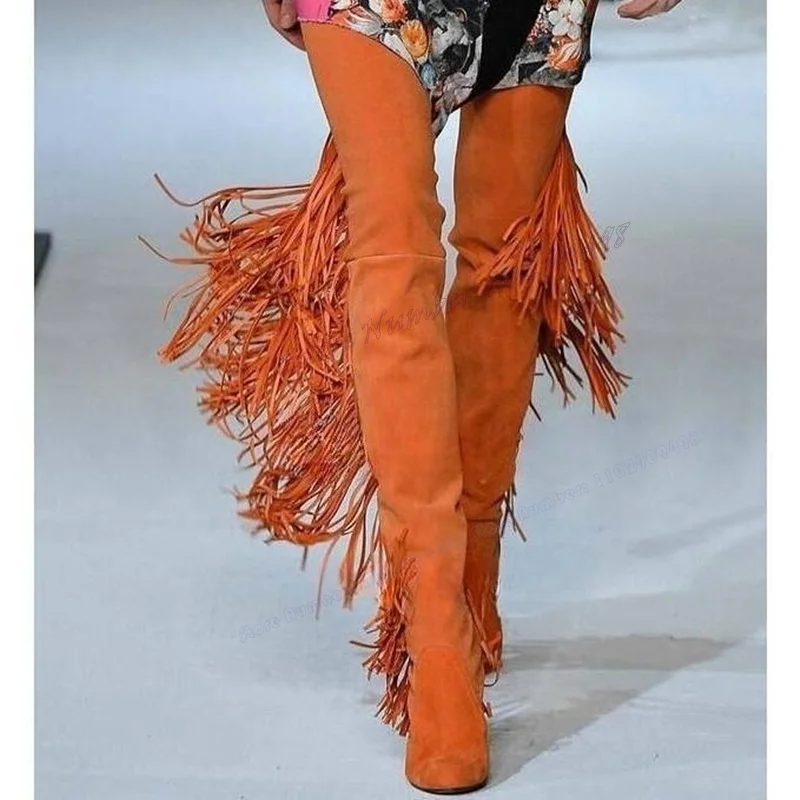 

Женские сапоги выше колена на массивном каблуке, оранжевые сапоги большого размера с кисточками и острым носком, Осенняя обувь, 2023