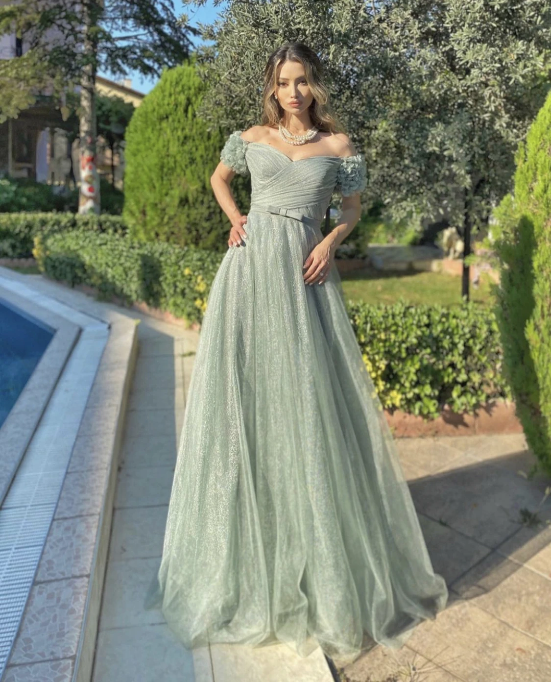 

Sage Green Evening Dress A-Line Sweetheart Off Shoulder Tulle Bow Sashes Pleat Floor Length Court Train Party Prom Gown New