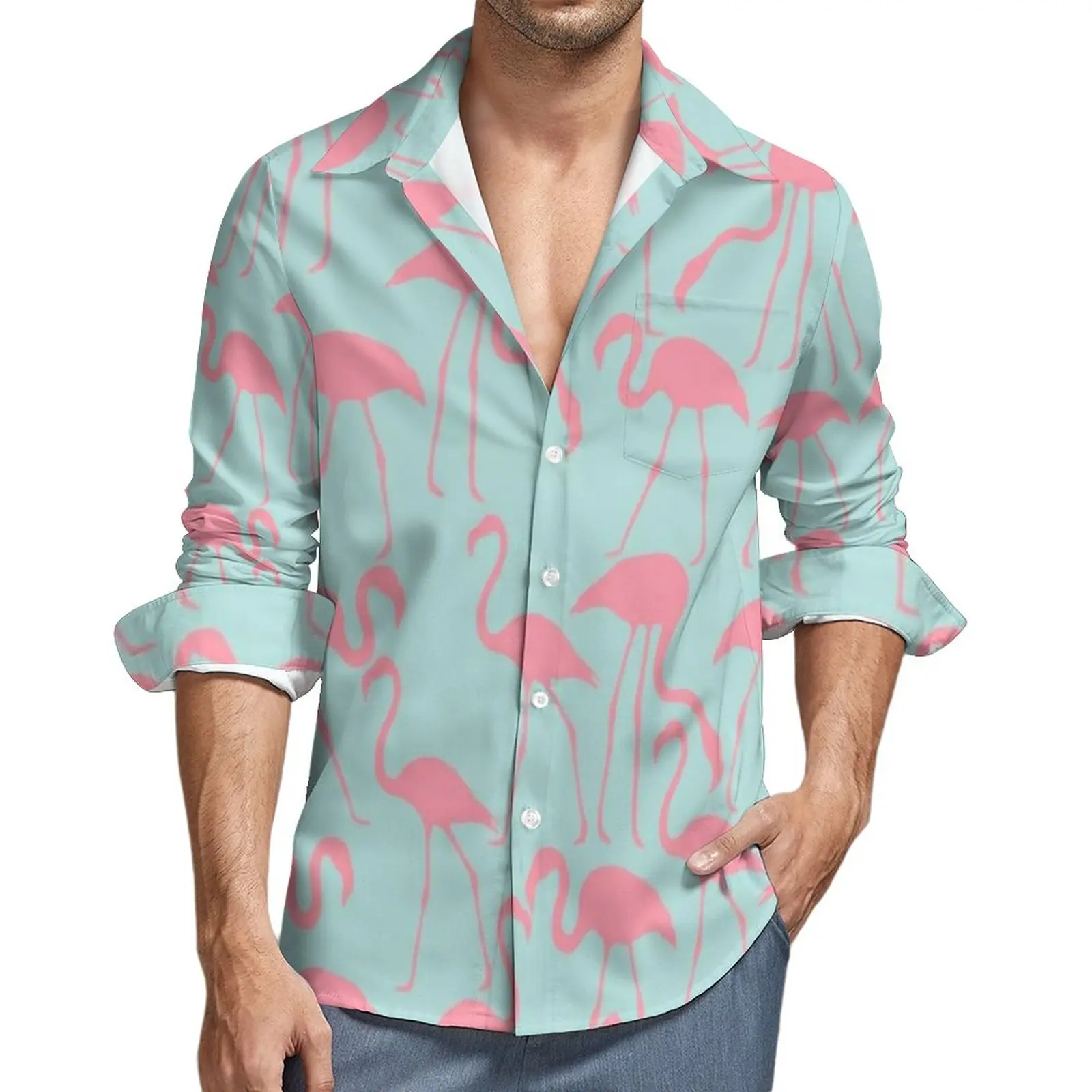 

Cool Birds Print Shirt Autumn Cool Flamingos Casual Shirts Man Cool Blouses Long Sleeve Pattern Stylish Top Plus Size 4XL