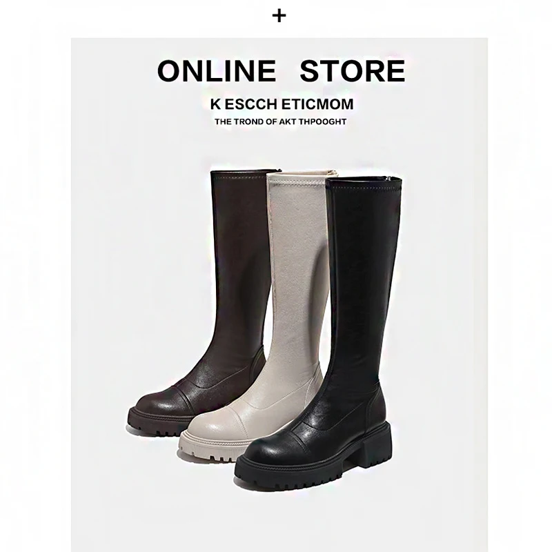 

2022 Autumn and Winter New All-match British Style Heightening Thick Heel High Boots Elastic Thin White Martin Boots Women