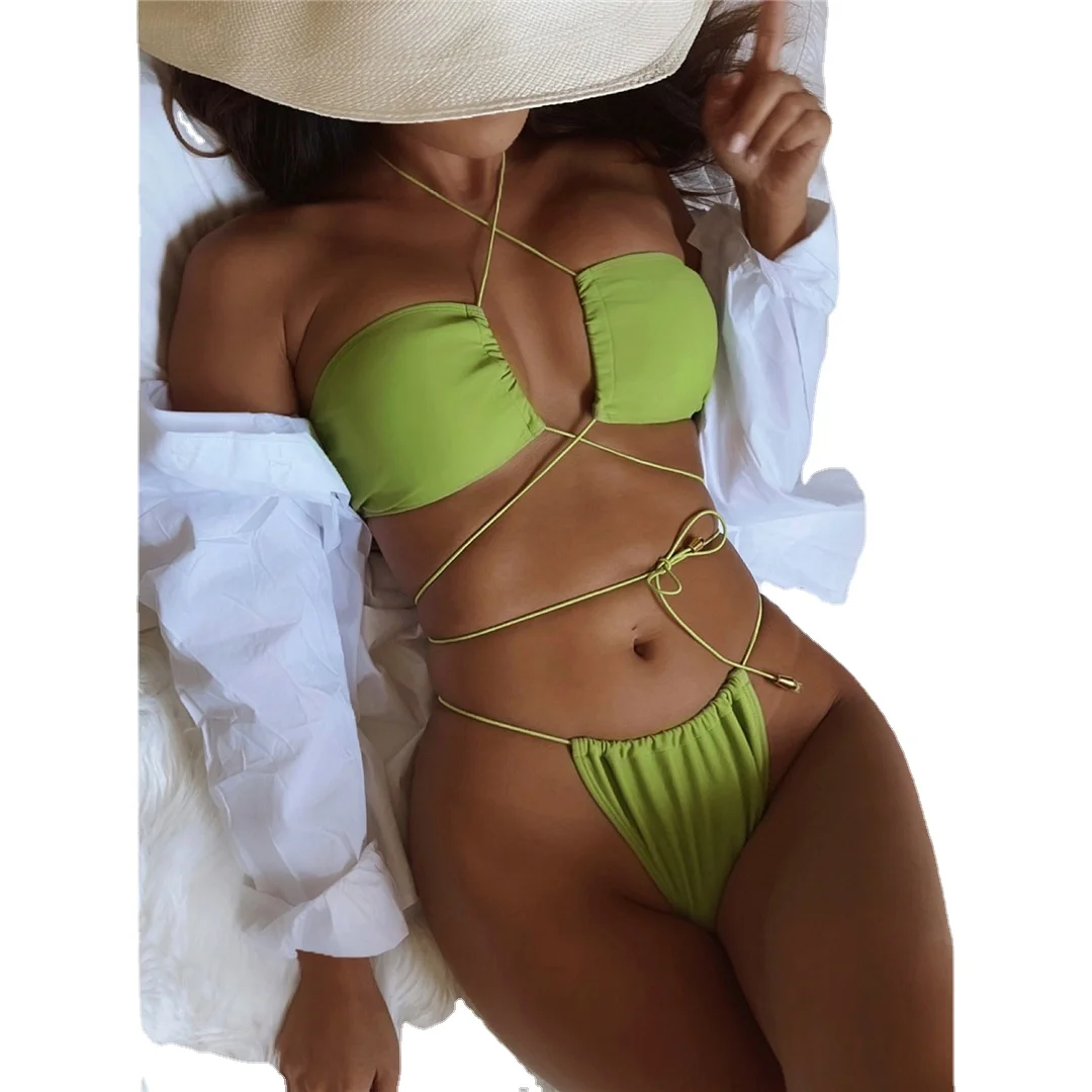 

Green Sexy Halter Wrap Around Bikini Set Female Criss Cross Split Swimsuit Women Two-pieces Padded Swimwear Bather Swim Lady