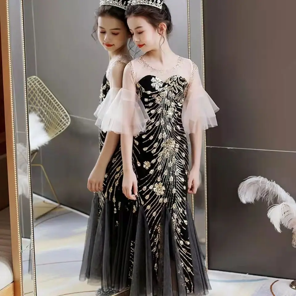 

Роскошное блестящее платье с блестками, Длинные вечерние платья для девочек, для детей 3, 5, 7, 12 лет, цветочное детское свадебное платье для подружки невесты, вечерние платья для выпускного вечера