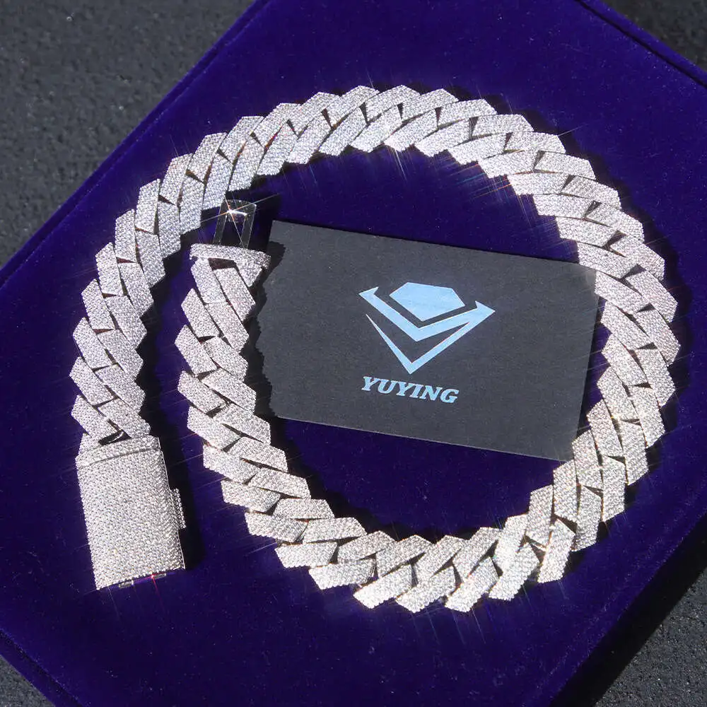 Кубинская цепочка из тибетского серебра с муассанитом QSZB 20 мм