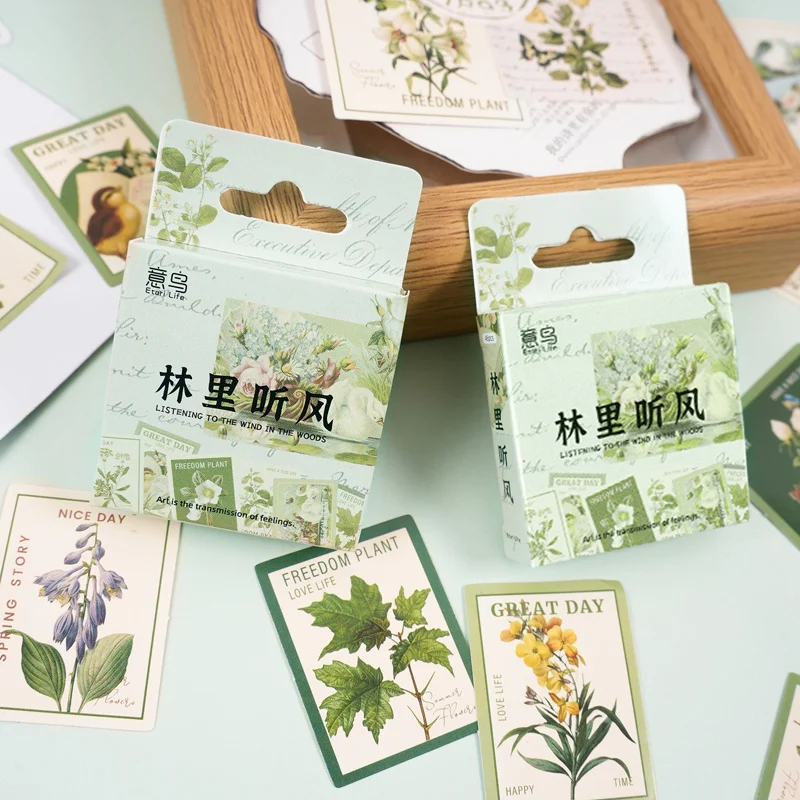 

46Pcs Mini Box Stickers Listening Forest Plant Gift Wind Materials Seal Decoration Painting Package Adhesive Scrapbook 4CM
