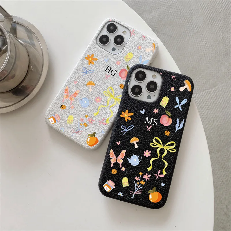 Персонализированный кожаный чехол с бантом и бабочкой для iPhone 11 12 14 13 15 Pro Max XS XR 16