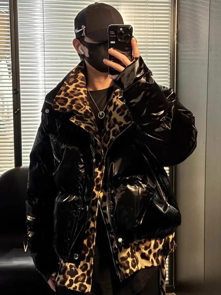 Зимнее мужское пальто модное лоскутное с леопардовым принтом искусственная
