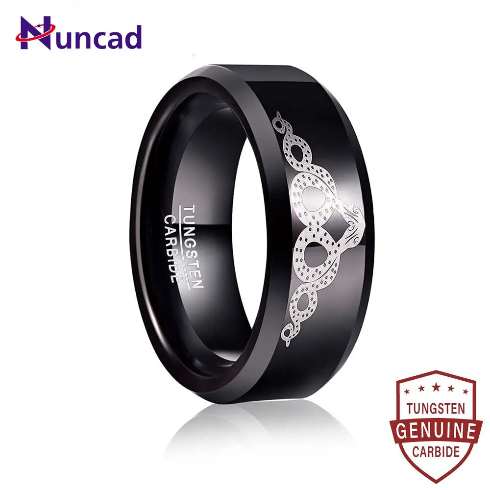 

NUNCAD 8mm Tungsten Ring Polished Electric Black Laser Snake Pattern Chamfer Tungsten Steel Ring Fashion Wedding Rings for Men