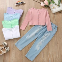 childrens clothing wholesale 2022 girls cotton long sleeve cardigan ripped jeans set kids clothes boys ropa de ni%c3%b1a