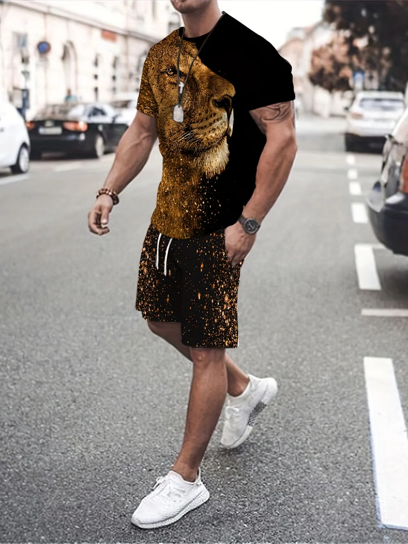 Fierce Animal Lion 3D Printing Men's T-shirt Summer Street Fashion Loose Short Sleeve T-shirt with Shorts Set Pant Closure Type