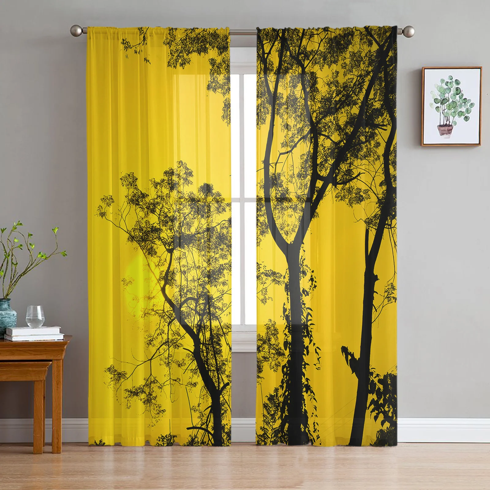 

Силуэты дерево Закат Желтый тюль вуаль занавески для спальни окна занавески для гостиной прозрачные Занавески s органза занавески