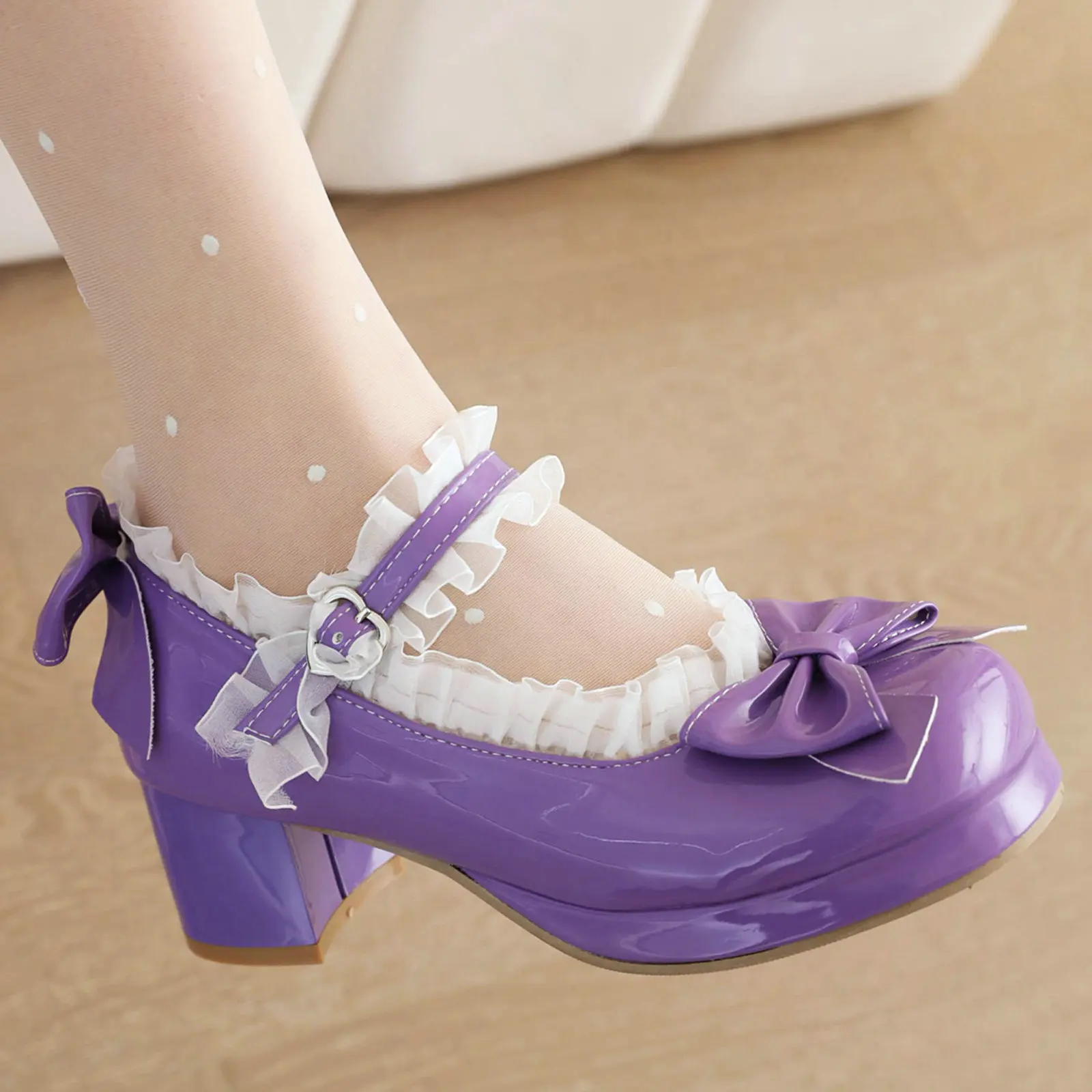 Eokkar Lolita Shoes Mary Janes Patent Leather Block Heel Pumps with Bow Kawaii Shoes for Women Platform Cute Pumps Cosplay Shoes